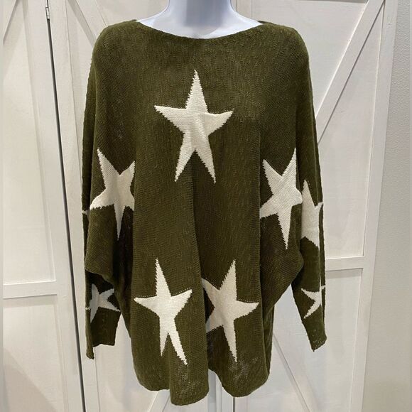 In Loom Knit Star Sweater With Dolman Sleeves In Hunter Green White Stars S/M - Picture 4 of 8
